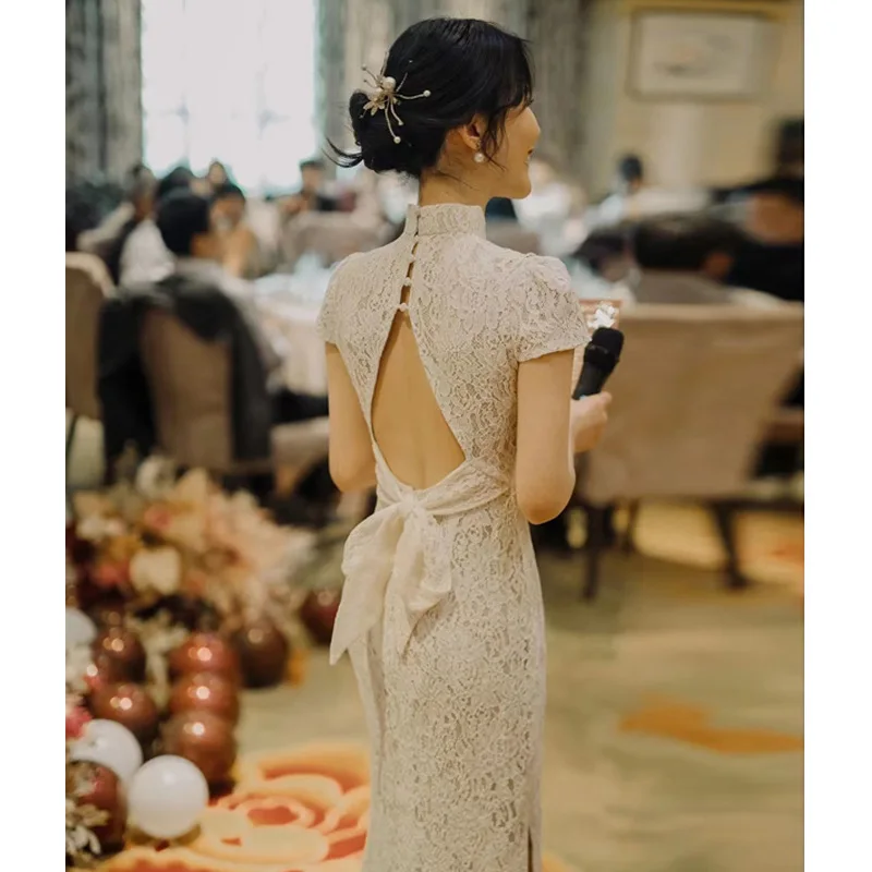

Шампанское Кружево Fi Tail Qipao Улучшенная версия Ele Утягивающее вечернее платье для хозяев Длинное платье для церемонии хозяев Dr