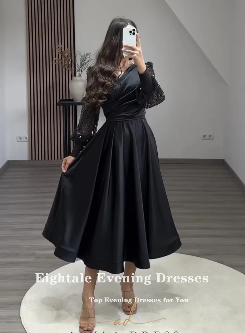 Eightale-vestido de noche de satén para fiesta de boda, manga larga, línea A, brillante, cuello en V, árabe, Dubai, vestidos cortos de graduación, celebridades