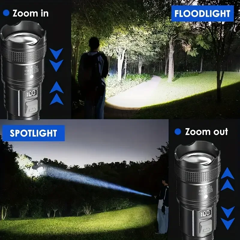 Potente linterna LED, linterna recargable por USB, luces con Zoom telescópico, luz portátil superbrillante, lámpara para senderismo y acampada al aire libre