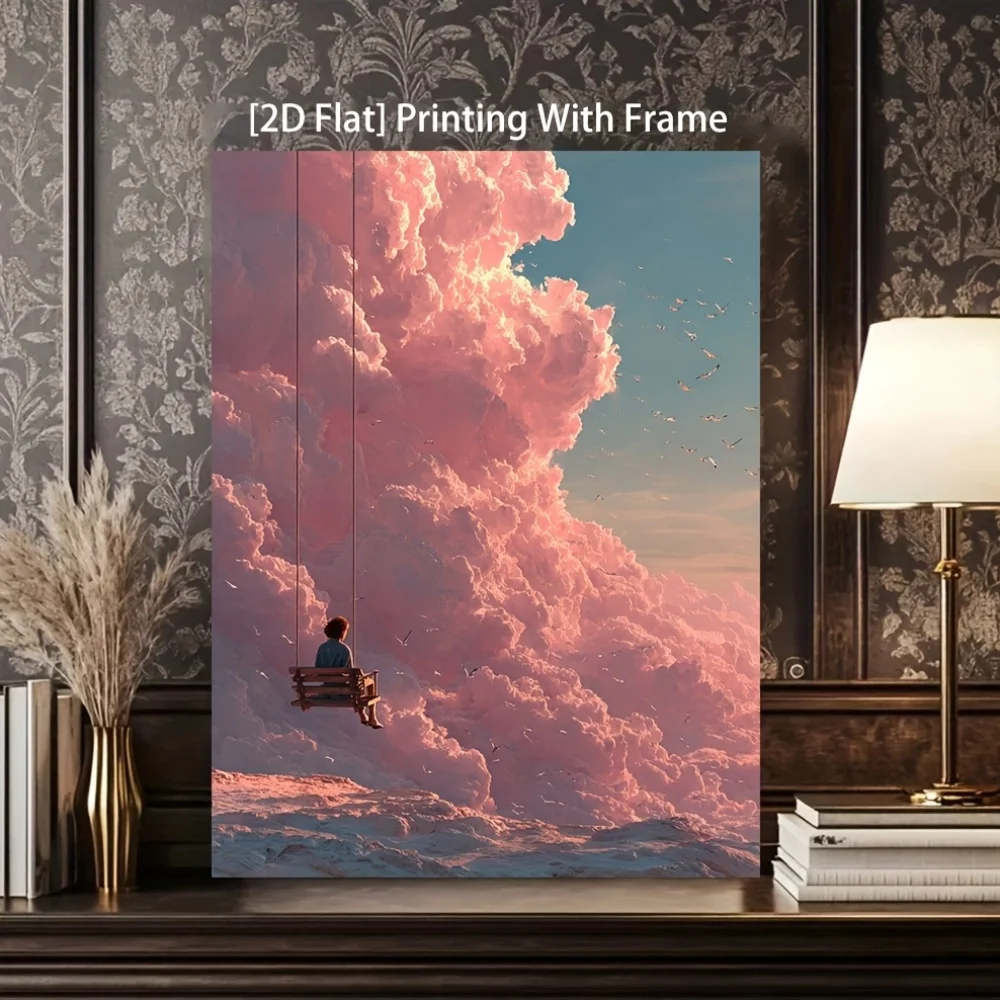 (No frame)2D Flat, 2D Flat Modern Girl on a Swing Wall Art- 12.0X 16.0inch Framed Canvas Painting, Seagull And Cloud Pattern,