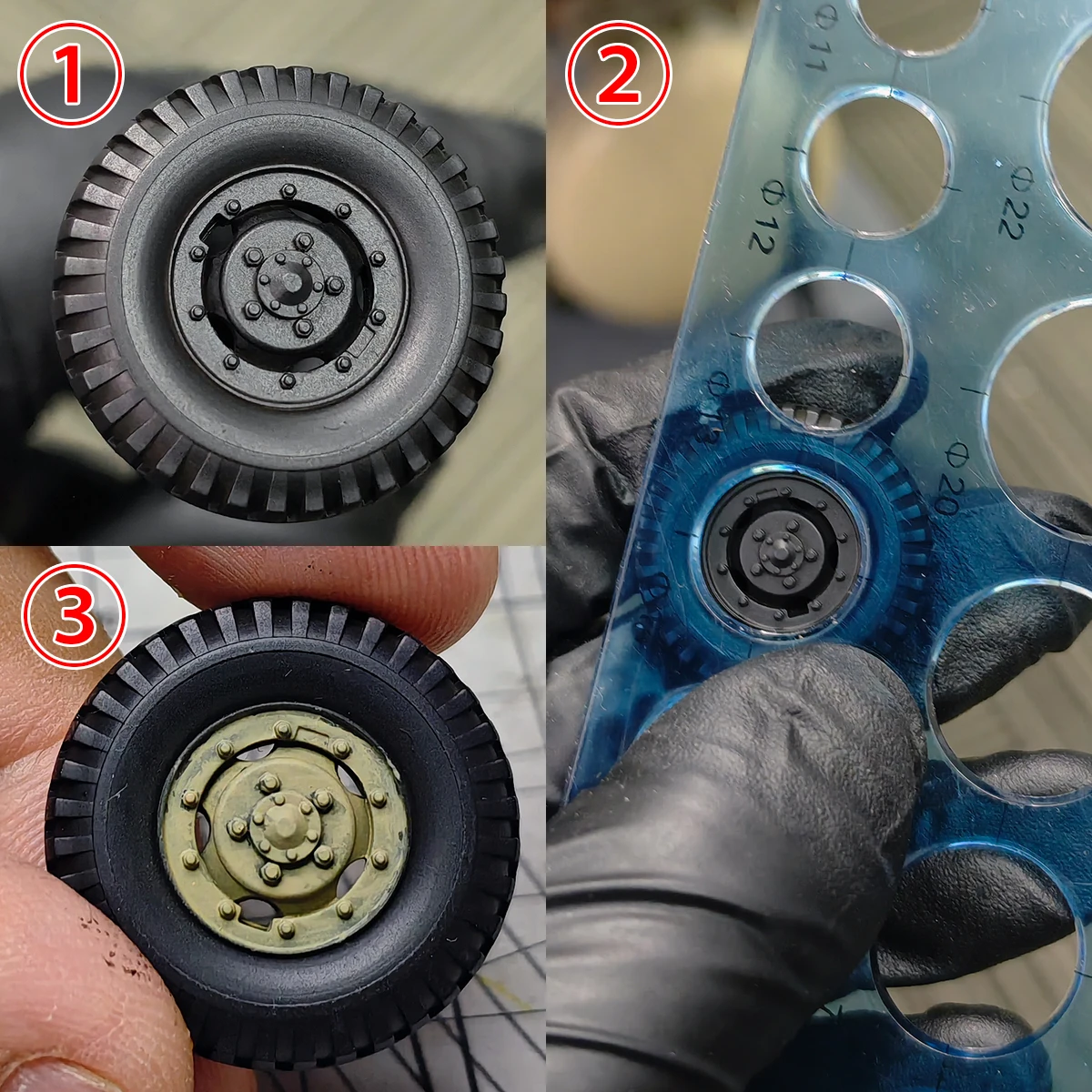 Modellbau-Set Malwerkzeuge Wiederverwendbare Hohlschablone für Airbrush-Spritzlackierung von Modellreifen, Felgen, Leerlauf-/Antriebsräder – Detail 2