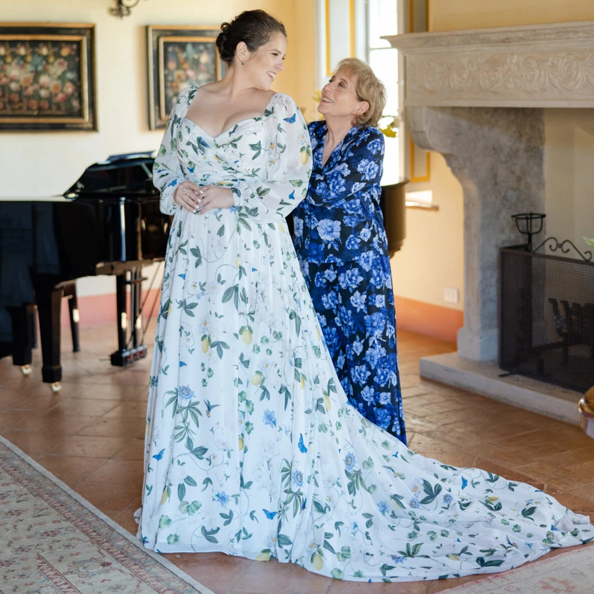 Vestido de novia botánico Floral personalizado para exteriores, mangas largas acampanadas, fruncidos de talla grande, vestido de sesión de fotos nupcial de gasa colorida