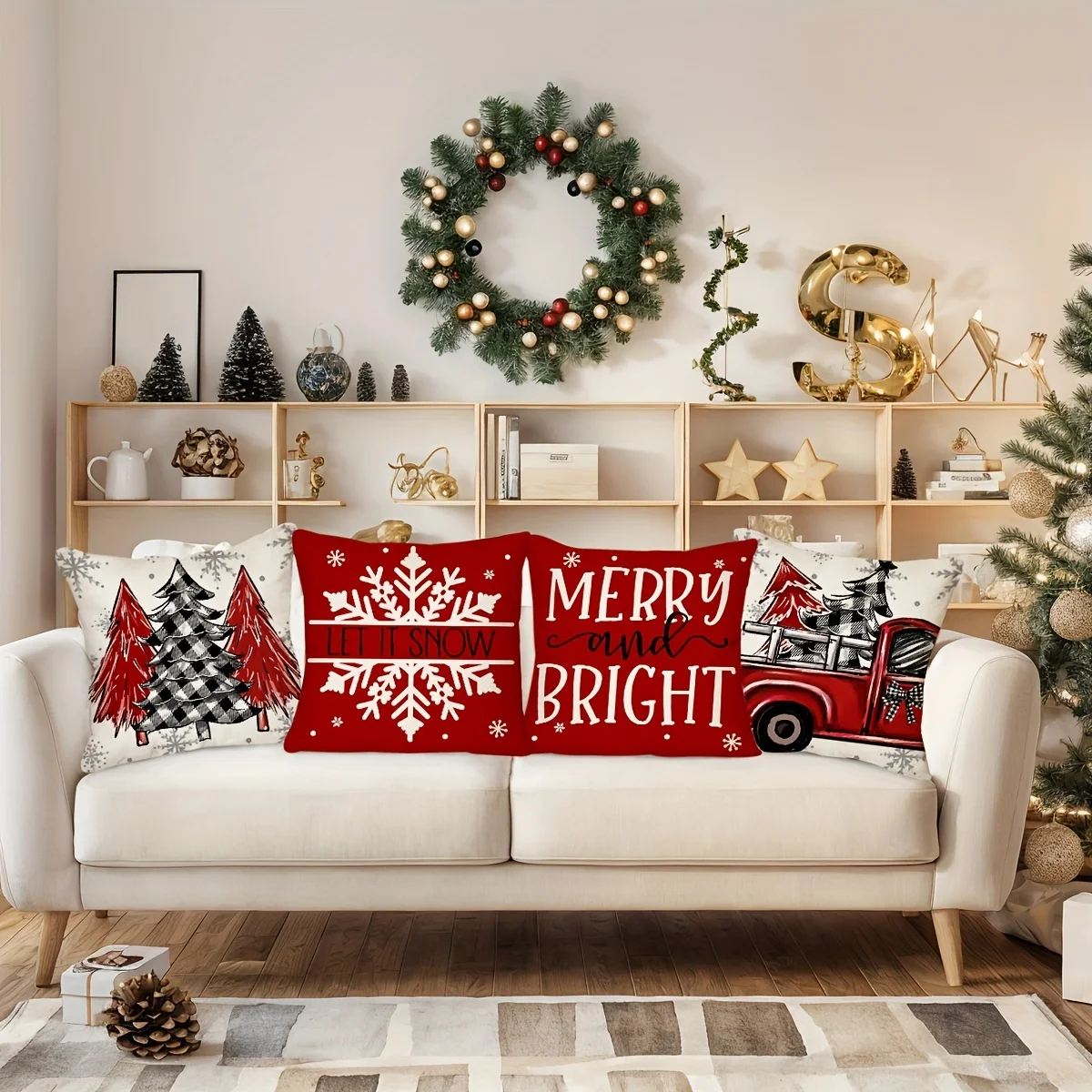 

Funda de almohada navideña roja estilo navideño de granja, juego de decoración de sofá impermeable para interiores y exteriores