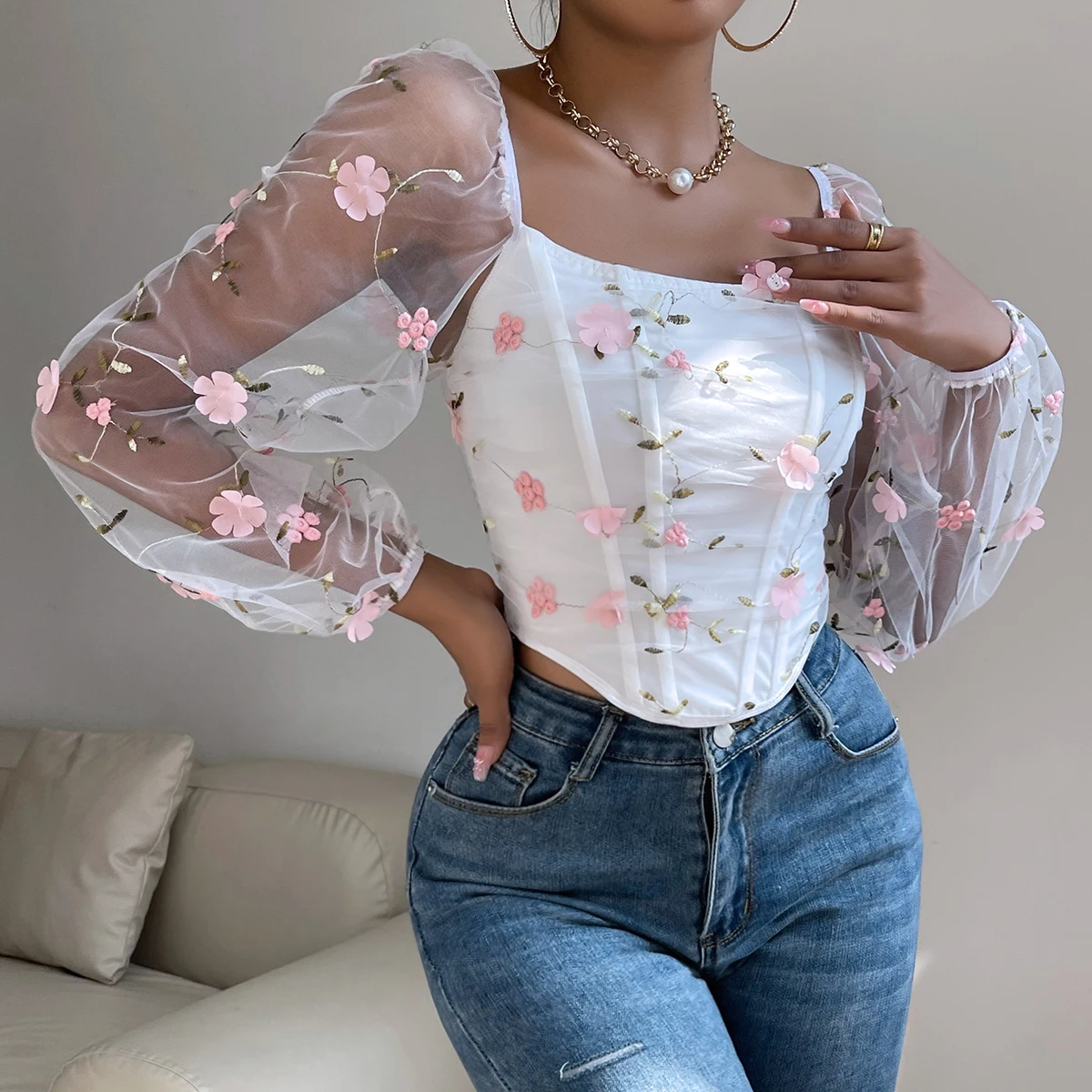 Vemina Sexy​ Embroidery Long Sleeve Slim Tops For Women Summer,Hollow Mesh Sheer Backless Puff Sleeve Fishbone Skinny Crop Top