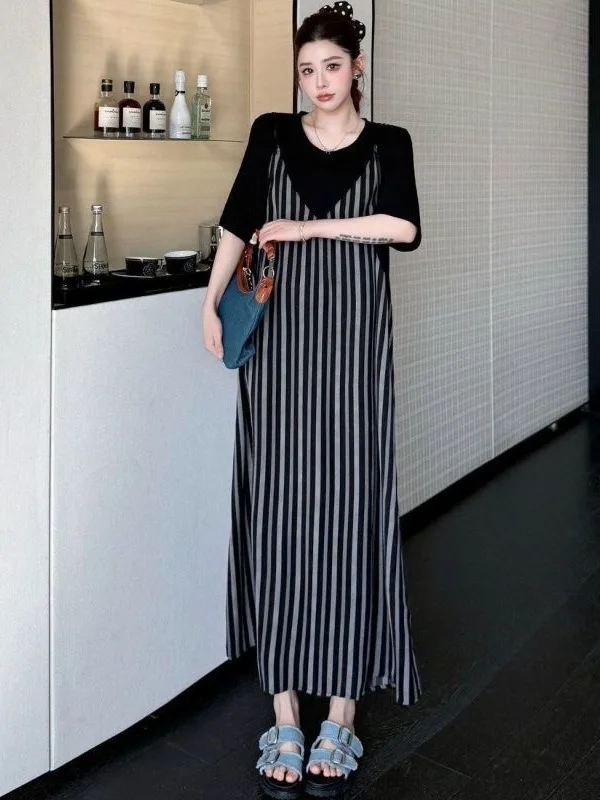 

plus Size Women's Summer Casual Striped Dress Loose Fit Short Sleeve High Waist Long Skirt Elegant Slimming Effect Two-Piece ...