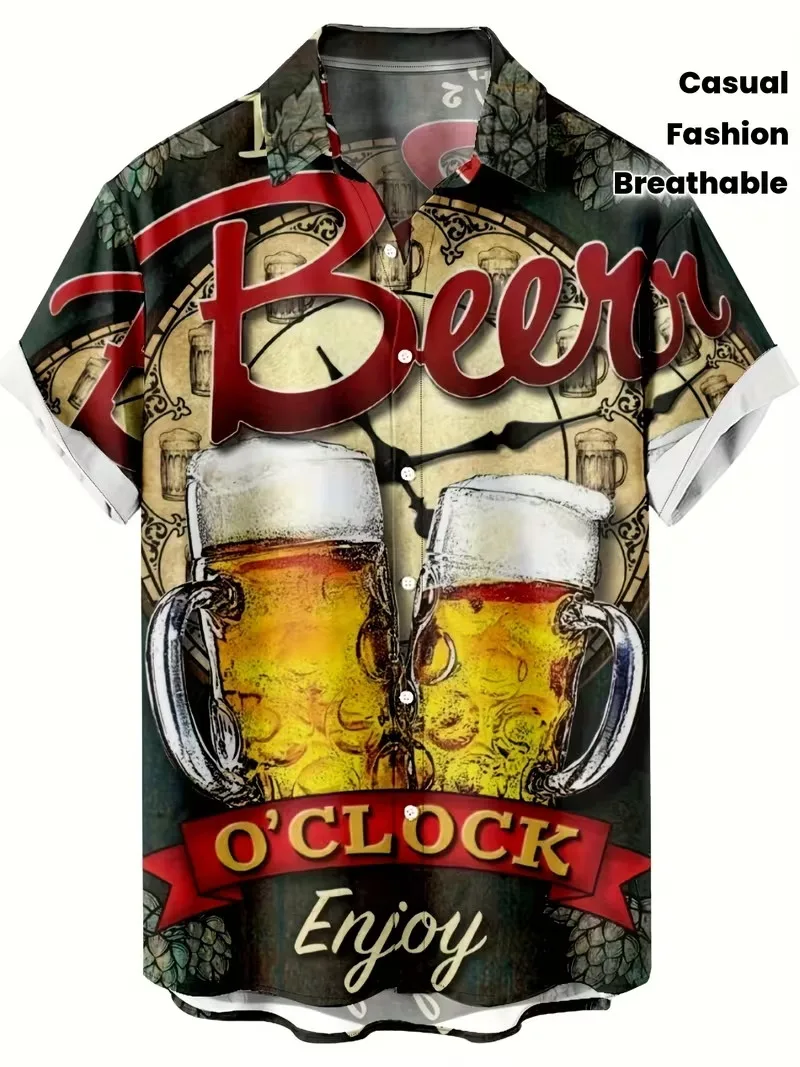 

Мужская гавайская рубашка с принтом пива и пшеницы, с коротким рукавом, на пуговицах, с графическим изображением пивных кружек, для вечеринок и отдыха на пляже