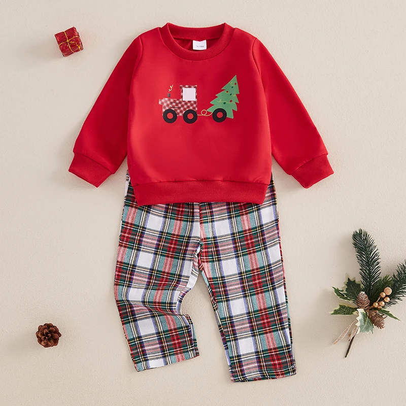 Little Girl Boy Christmas Outfits Tree Train Print Long Sleeve Sweatshirt with Plaid Pattern Pants Set