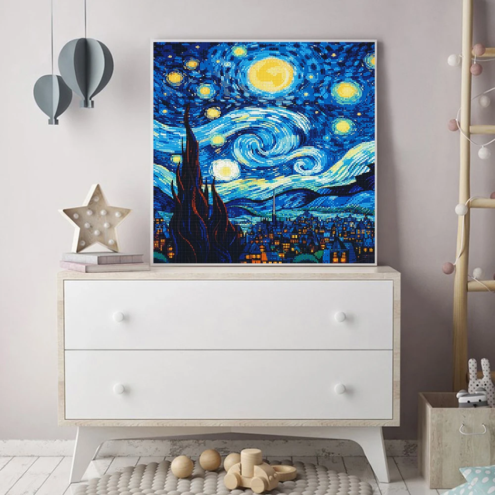 ファンタジースターリースカイアートダイヤモンド絵画風景クロスステッチセット、フルラウンドまたはスクエアダイヤモンドモザイク、家の装飾
