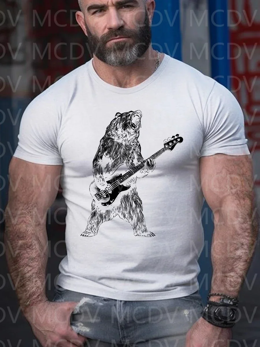 

2023 Summer Men's Independence Bear Playing Bass Guitar CasualT-Shirt The Colorful The Best He Him Hole LGBT3D Printed T Shirt