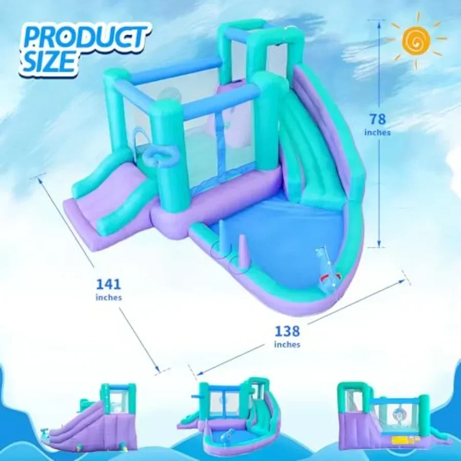Inflatable Bounce House Water Slide, 141 x 138 x 78 Inches Blow Up Water Slides, Splash Pool, Basketball, Ring Toss Game, Targe