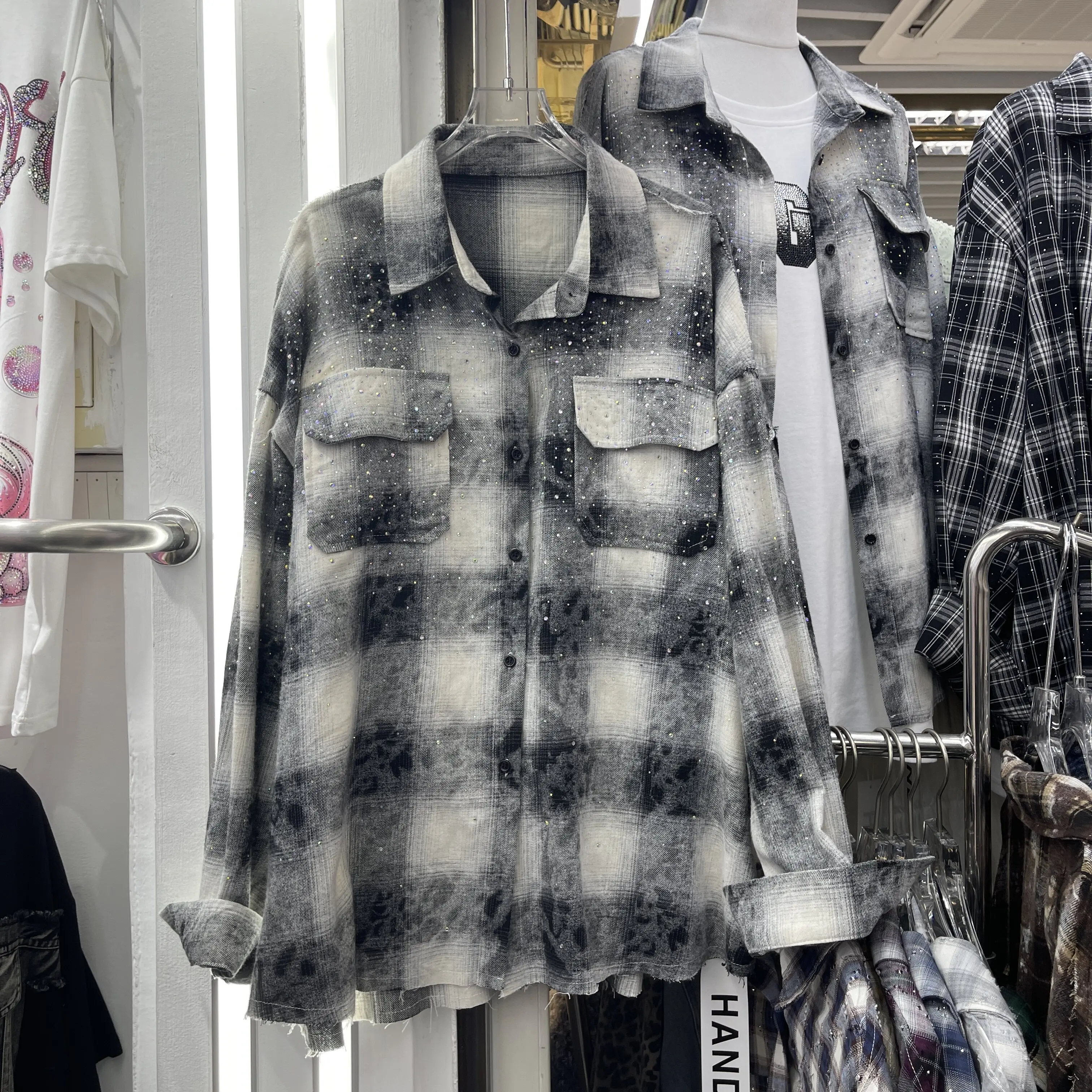 Colorblock Women Plaid Shirts New Spring Autumn Lazy Wind Loose Cardigans Top Hot Drilling Turn-down Collar Casual Female Blouse