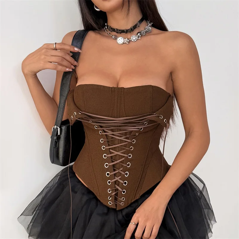 

Sexy Women Strapless Corset Top Vintage Lace-Up Bustier Slim-Fit Waist Trainer Clubwear Adjustable Back Crop Top Party Outfit