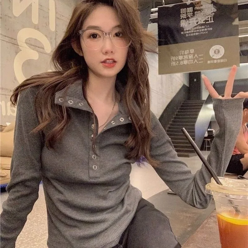 Camisas ajustadas de manga larga para mujer, jersey liso con botones, Tops sexys para chica, camiseta sencilla Retro para primavera y otoño, camiseta informal de calle Y2K