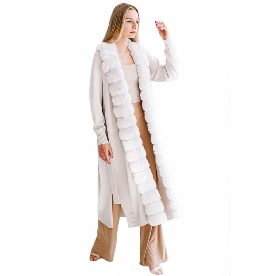 White Sweater For Womens Natural Rex Rabbit Fur Coat Long Winter Warm Cashmere Fur Cardigan Fashion New Arrival