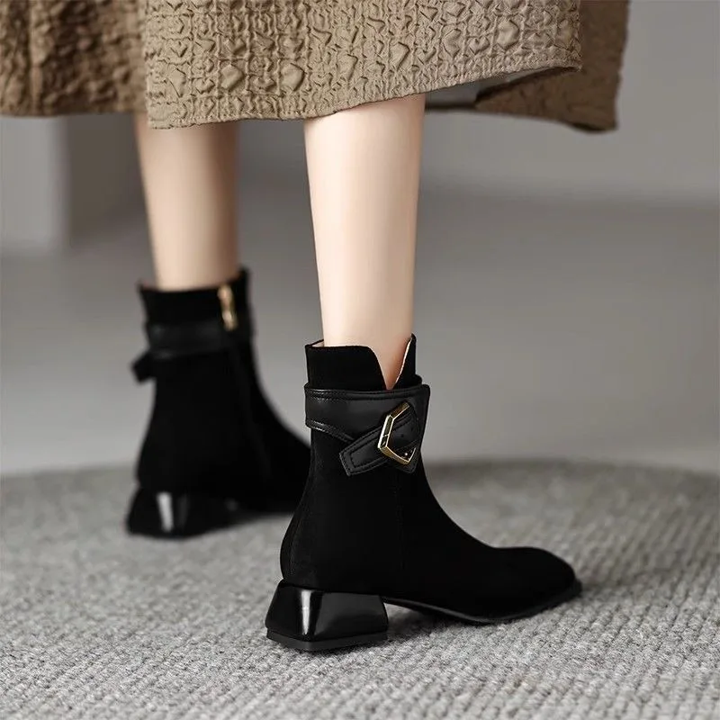 British Style Office Female Shoes 2023 Winter Plush Women's Boots Fashionable Square Toe Zipper Ankle Boots Botines Para Mujeres