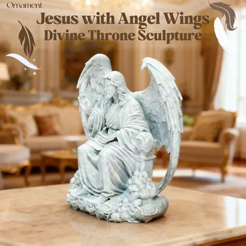 Jesus with Angel Wings Sculpture, Sacred Throne Figurine, Spiritual Home Decor for Christian Faithful