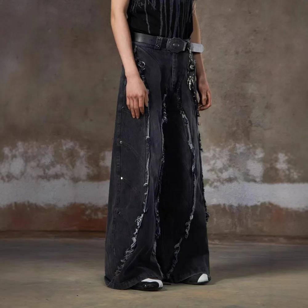 American Heavy Industry Design Sense Silhouette Jeans Pants Men's High Street Wash Rough Edges Tassels Loose Rivets Denim Pant