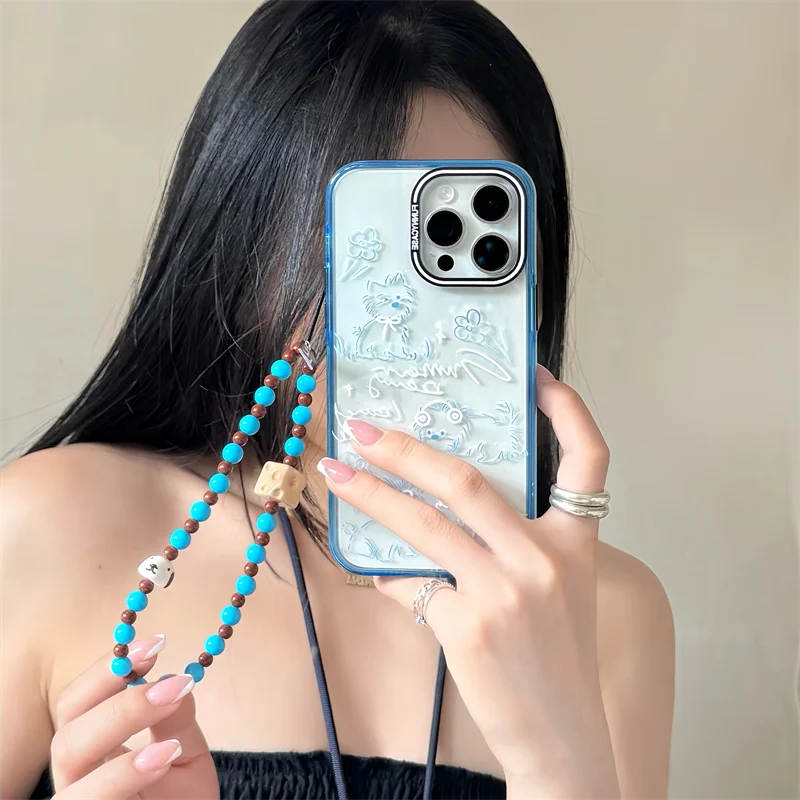 

Funda Blue graffiti Cartoon Lines Dog For Apple iPhone 15 Pro 13 14 Pro Max Phone Case With chains Protective Cover 15pro Kawaii