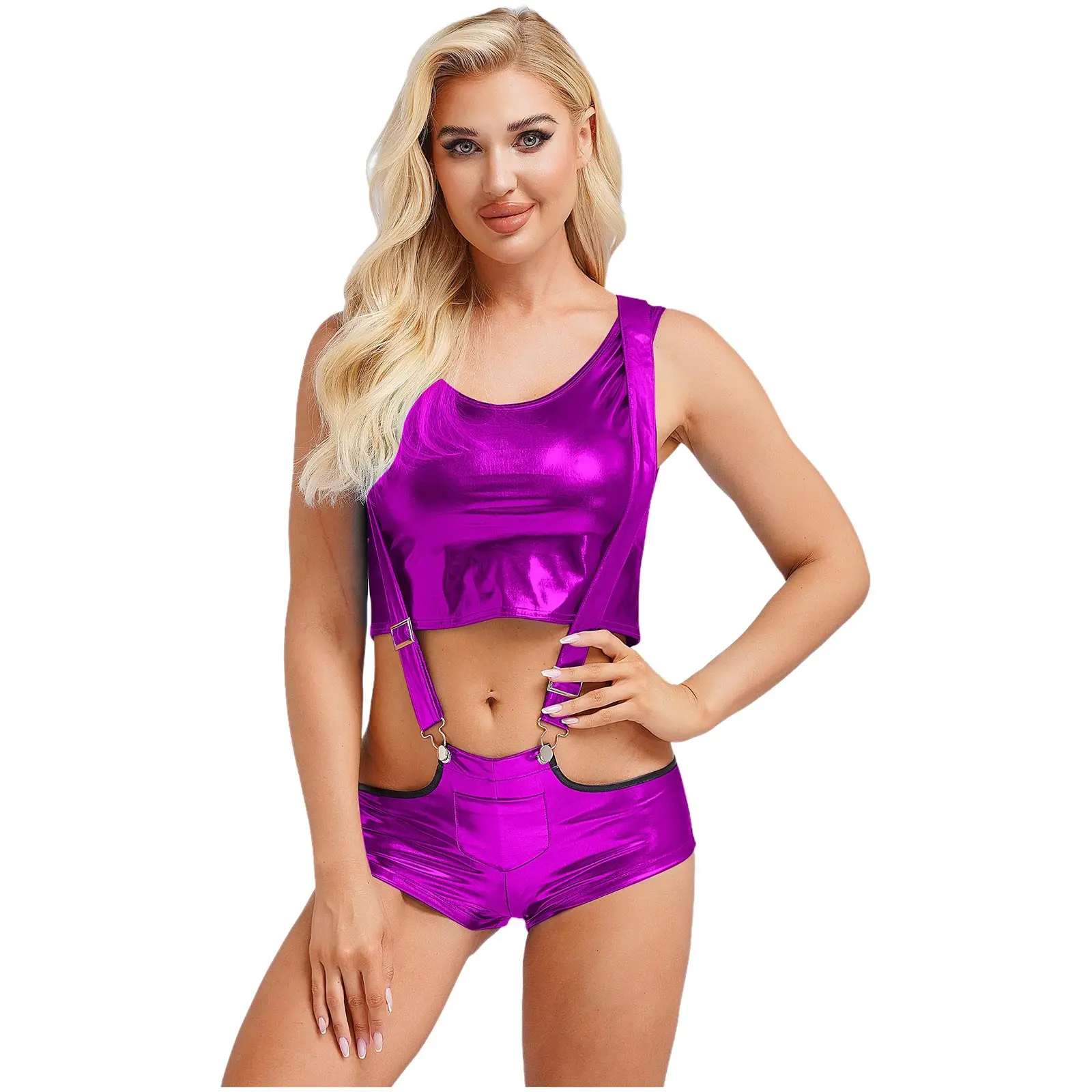 Women Shiny Metallic Mini Shorts Hot Pants Suspenders Shorts Fashion Lady Holographic Nightclub Rave Party Costume Club Wear