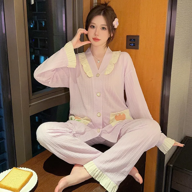طقم بيجامة نسائية بأكمام طويلة ، قميص بأزرار ، بنطلون طويل ، ملابس فضفاضة ، ملابس منزلية للطلاب البنات ، ملابس منزلية ، مقاس كبير 5XL ، الخريف