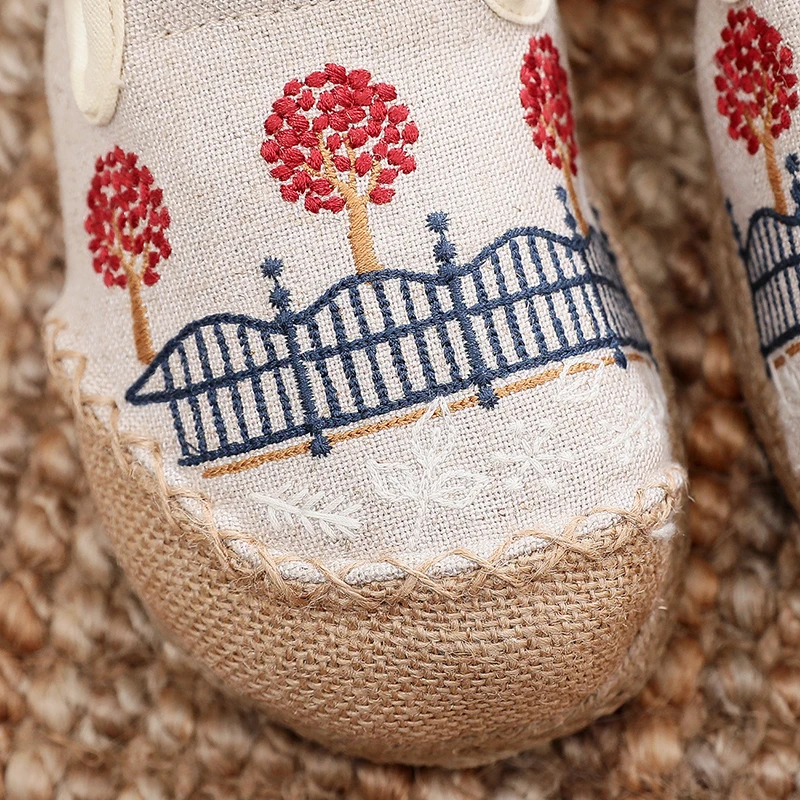 Veowalk Trees Embroidered Women Handmade Linen Cotton Slip On Espadrilles Flat Shoes Vegan Comfortable Loafers for walking