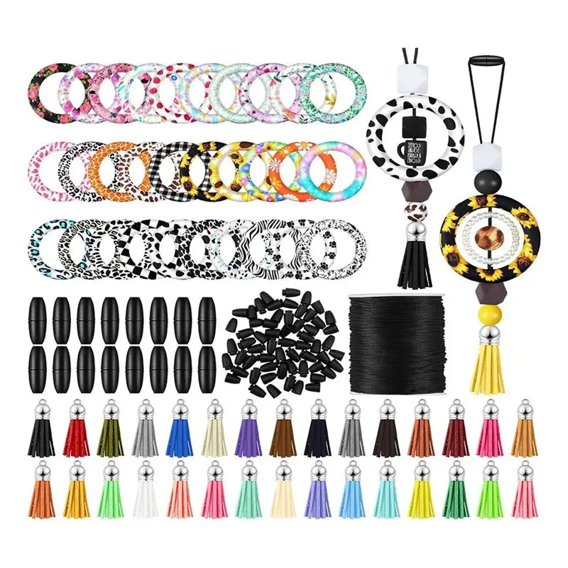 

A95D-Silicone Beaded Ring Making Kit 65Mm Round Silicone Bead Ring And Keychain Tassel For DIY Keychain Bracelet Jewelry, Durabl