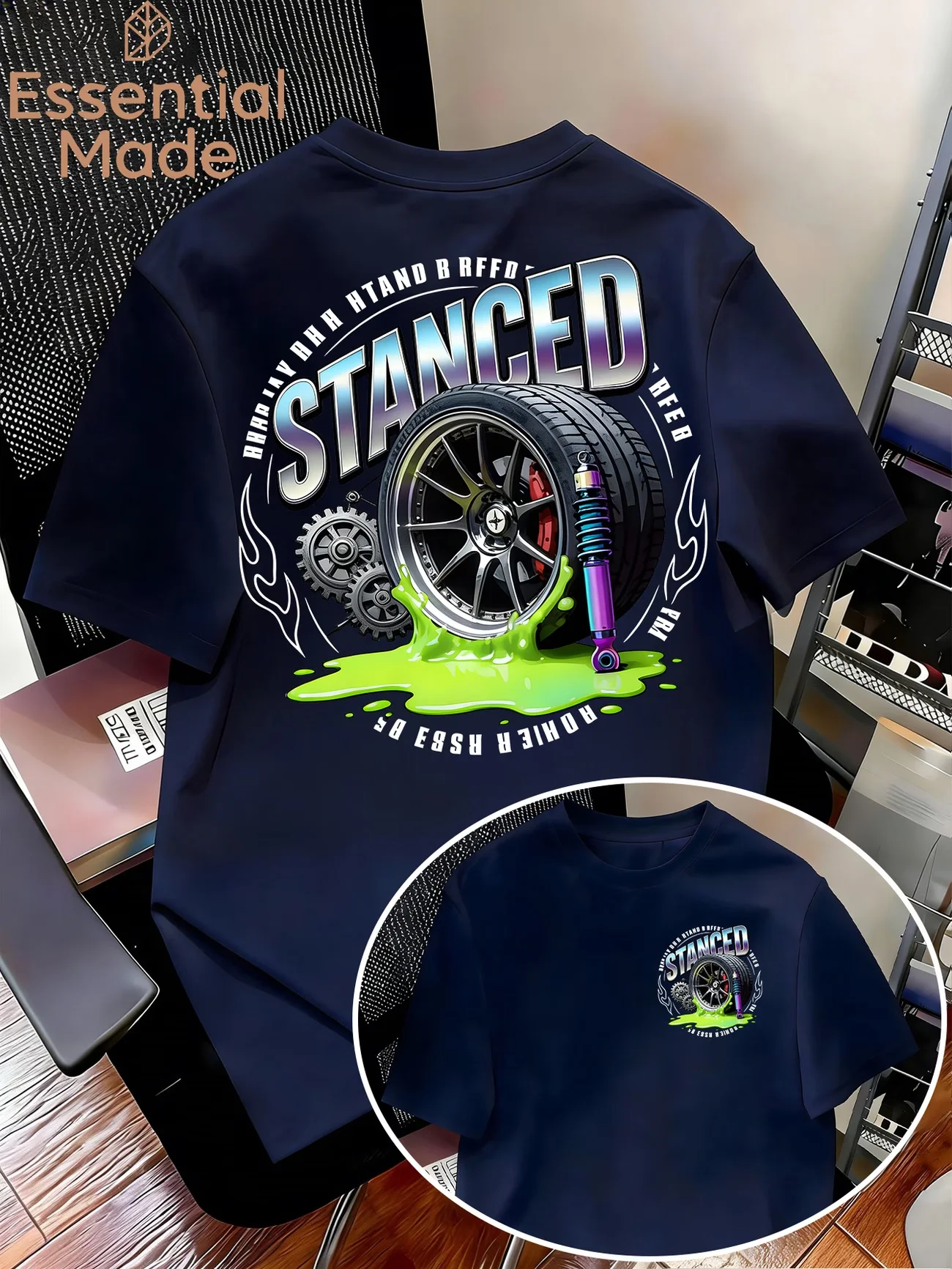 Men Stanced Car Wheel Graphic Tees JDM Racing Automotive Tuning Casual Short Sleeve T Shirts