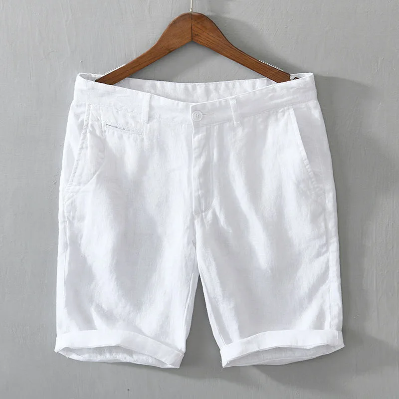 Calças Curtas Casuais de Linho Puro Respirável e Leve para o Verão, Calças de Aodão e Linho para Homens, Calças de Quatro P...