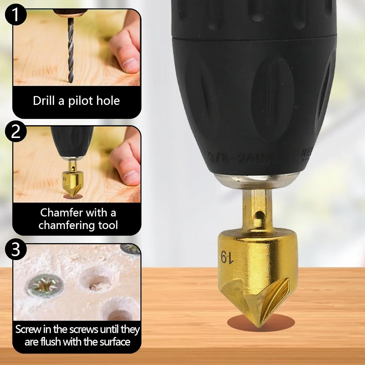 6PC Hexagonal Handle Titanium Plated Five Edge Chamfering Knife Countersunk Drill 6-19mm Woodworking Spot Facer Tool Set