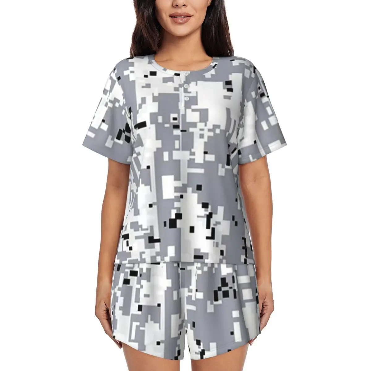 

Black And White Camouflage Round Neck Short Sleeves Nightdress for Sleeping Sleepshirts Women Soft Pajama Set Short Pants