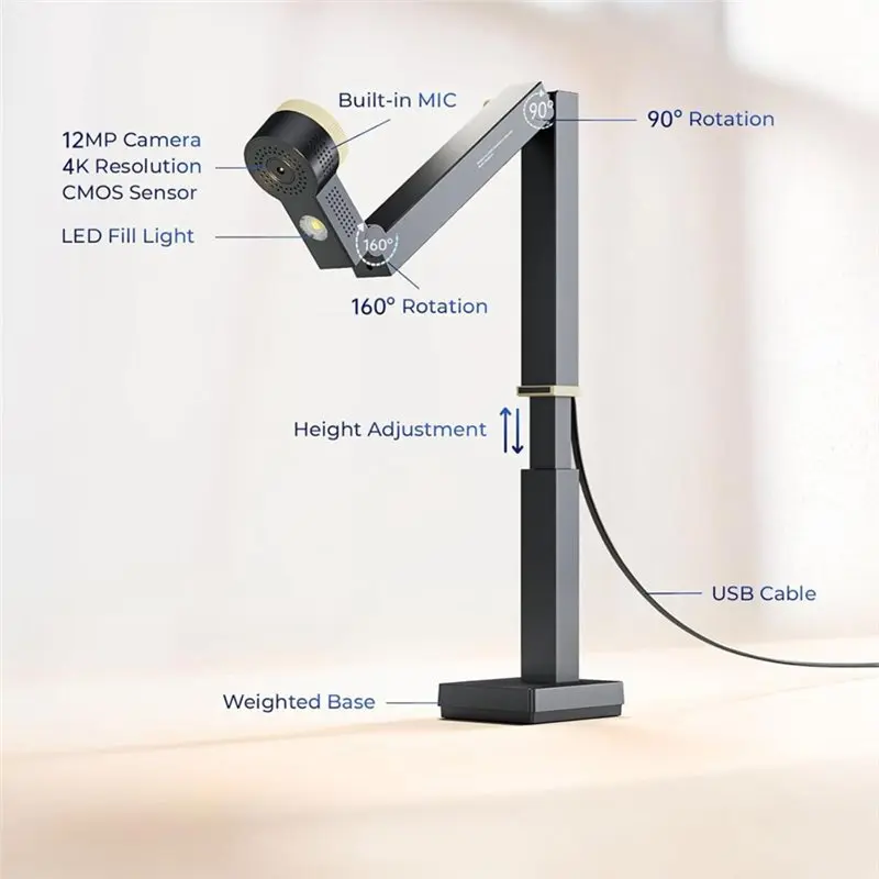 ABRI-Fancy S Pro 12MP USB Document Camera 4K Webcam With Microphone And LED Light For Live Streaming, Web Conference