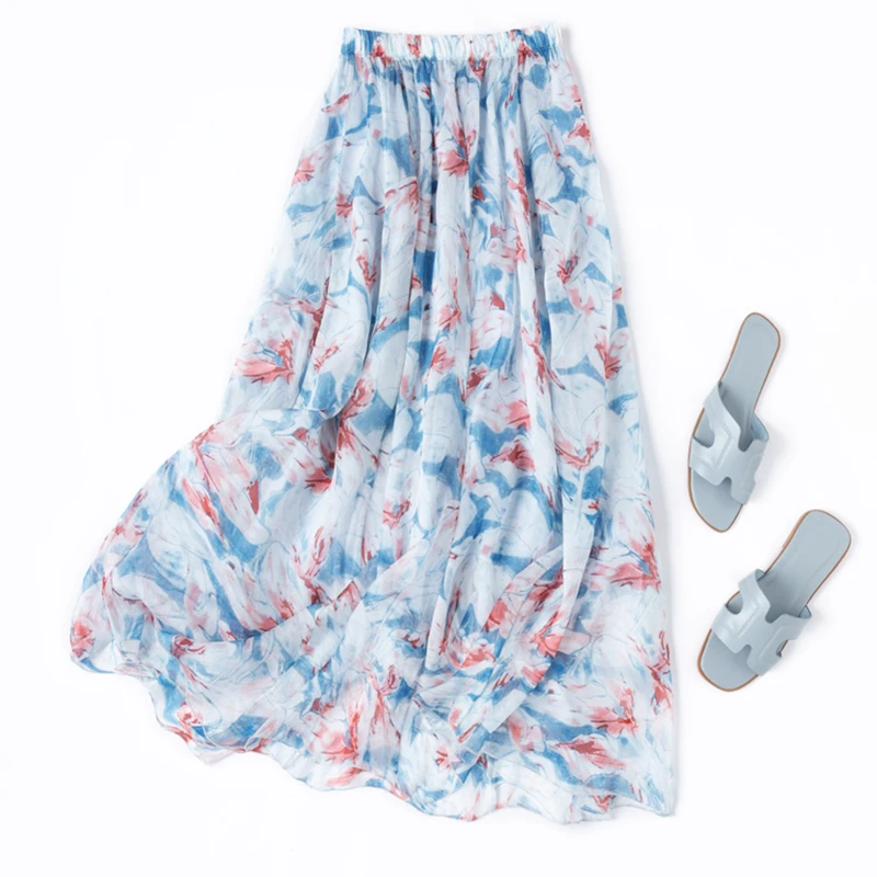 

Women Silk Skirt 100% Mulberry Silk Blue White Printed Long Type Skirt With Silk Lining Summer Beach Big Hem Office Lady M1248