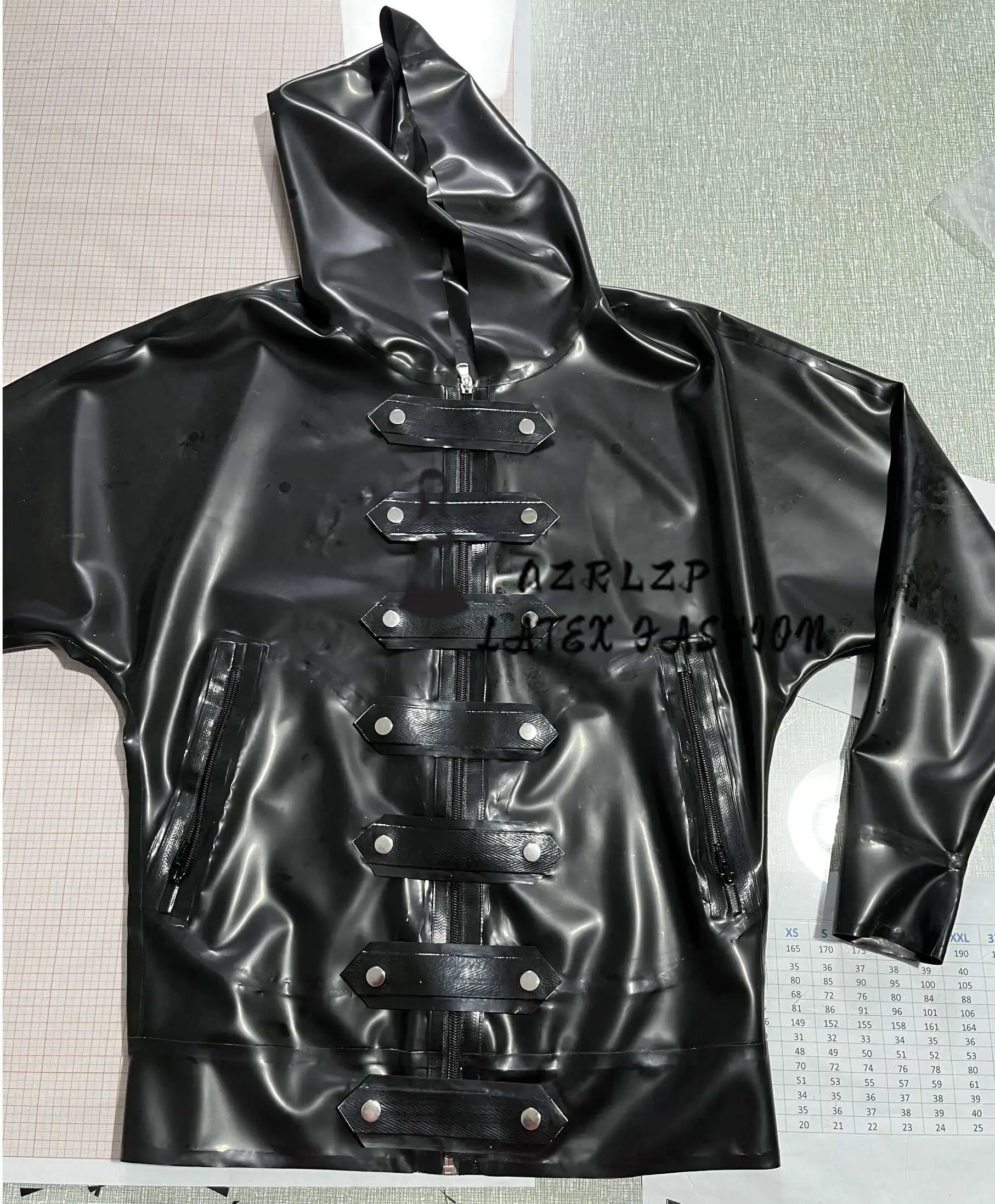 

Men's Latex Jackets Batwing Long Sleeve Rubber Coats with Pocket Zippers Hoodies Male Tops