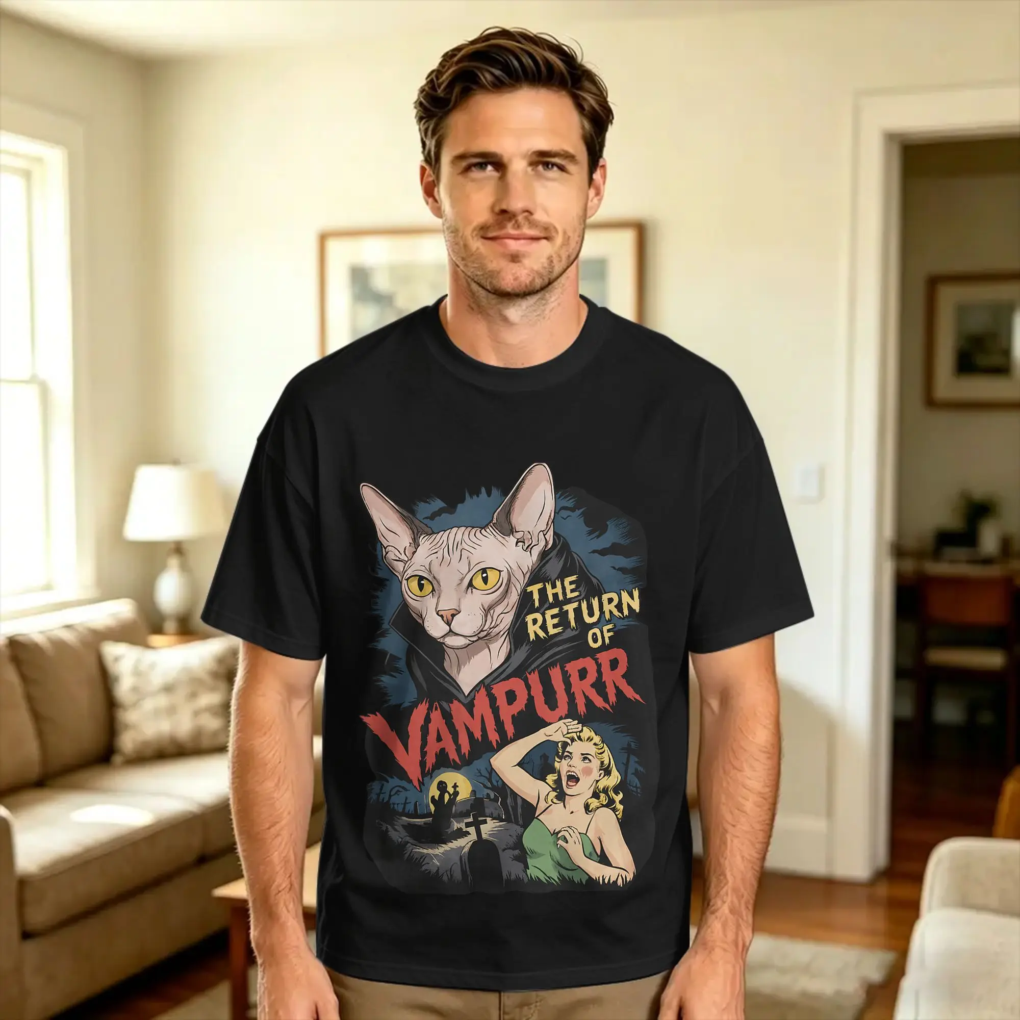 Vintage The Return of Vampurr Sphynx Cat Lovers Halloween T Shirt Summer  Cotton T Shirts For Men Custom Logo Tshirt