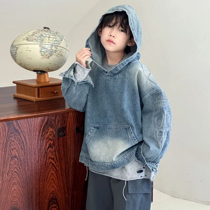 2026-spring-autumn-blue-boy-hood-bottom-sweatshirt-causal-top-new-children-denim-pullover-toddler-3-12-years-classic-outfit