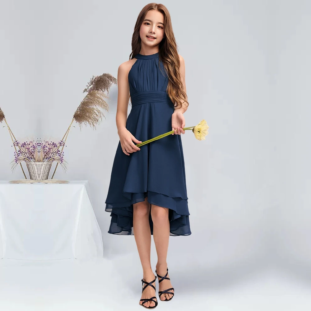 A-line Halter Asymmetrical Chiffon Junior Bridesmaid Dress With Pleated Navy Blue Flower Girl Dress Summer Short Dress for Party