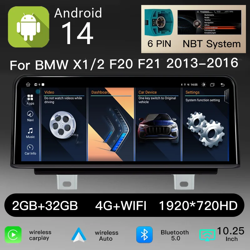 10,25 inch 1920*720 IPS-scherm, draadloze CarPlay, Android 14 autoradio voor BMW 1/2-serie F20/F21/F22/F23 NBT/EVO 2013-2019, multimedia-speler, Mirror Link, GPS-navigatie, DSP, 4G, WiFi, hoofdunit,