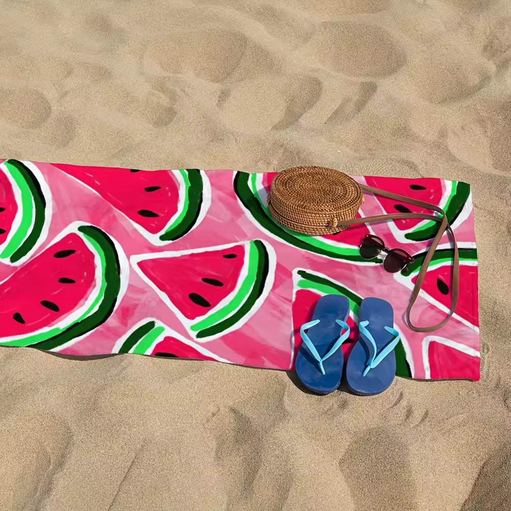 serviette de plage, microfibre, imprimé pastèque, séchage rapide, absorbante,