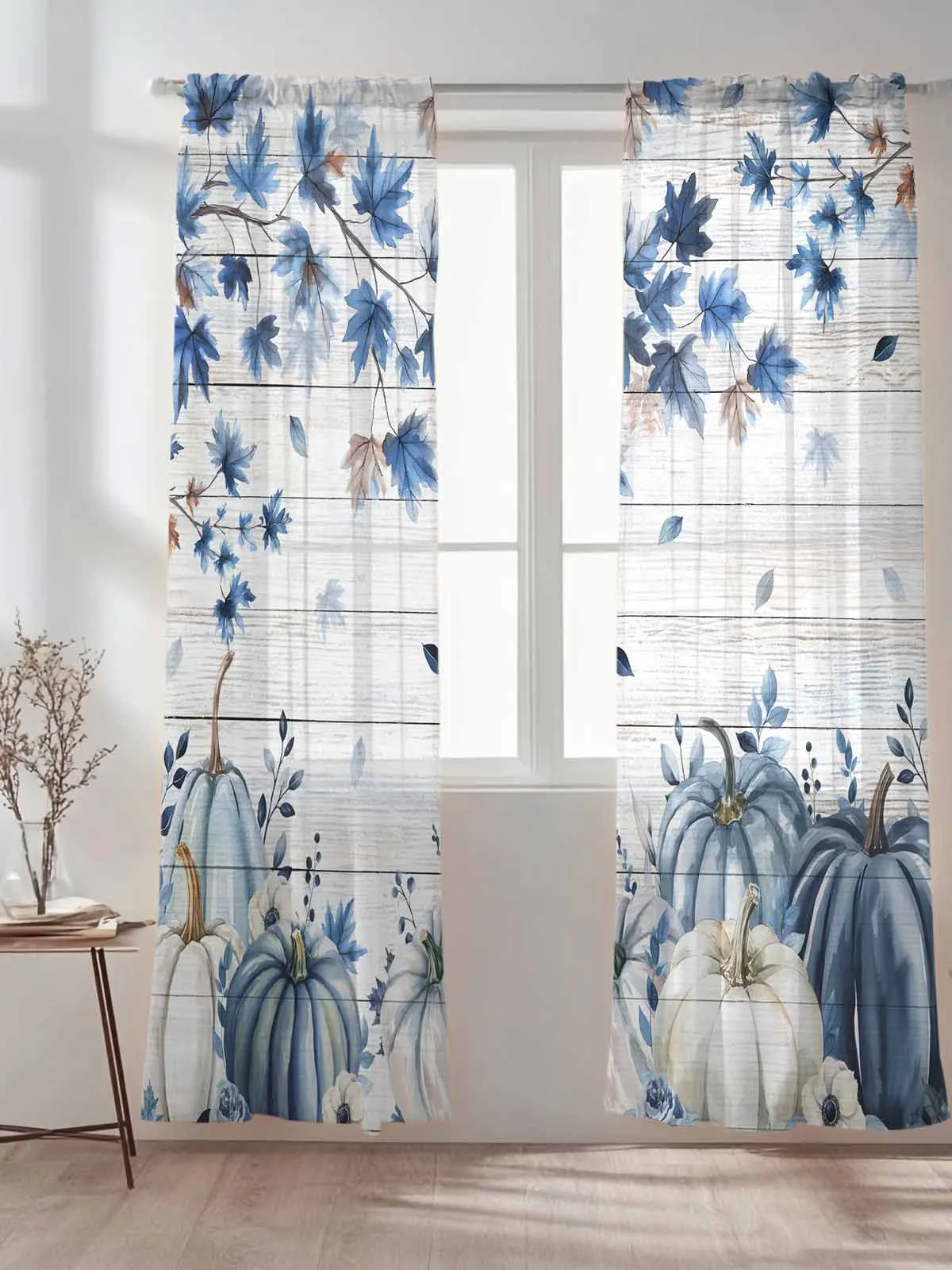 

Кленовый лист, ветка, синие осенние тыквы, тюлевые прозрачные шторы для гостиной, спальни, кухни, украшения, вуаль, шторы из органзы
