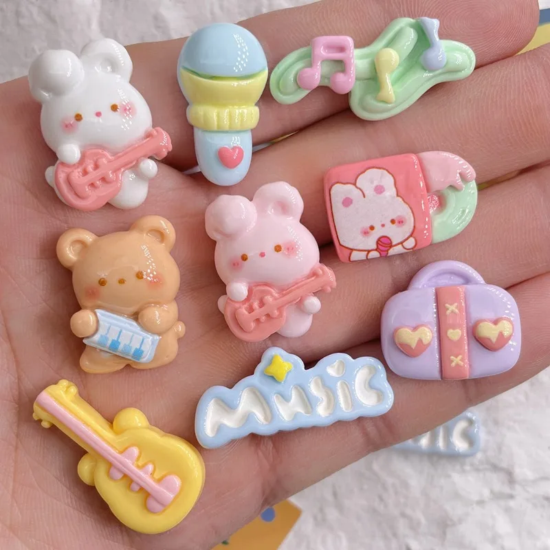 10pcs Cartoon Guitar Bear Rabbit Flatback Embellishments Resin Cabochon Manualidades Accesorios y Materiales Navidad