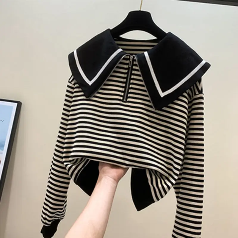 

Stripe Lapel Sweatshirt Women Turn Down Collar Slim Long Sleeve Cropped Hoodies Womens Zipper Leisure Sexy Short Sweatshirts