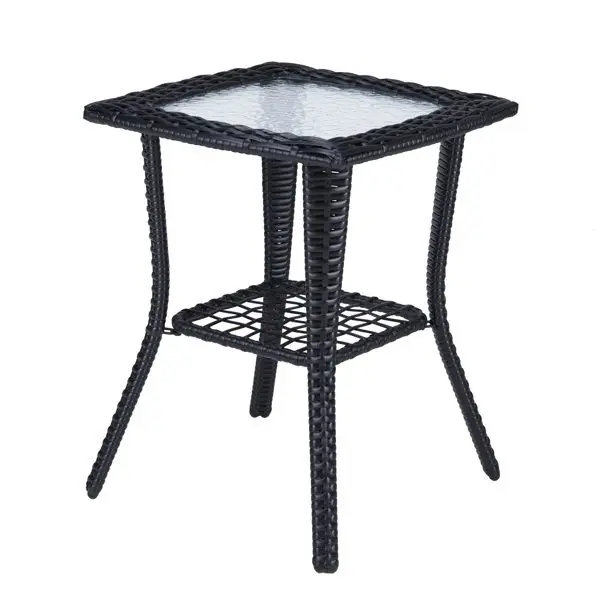Mesa auxiliar de mimbre para exteriores, mesa auxiliar de ratán con tapa de cristal, mesa de bistró de café para patio para jardín interior, porche, balcón, negro