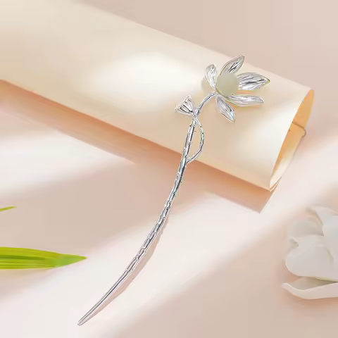 S925 Sterling Silver Two-Tone Lotus Hetian Jade Seedpod Hairpin - Chinese Minimalist Vintage Hair Stick