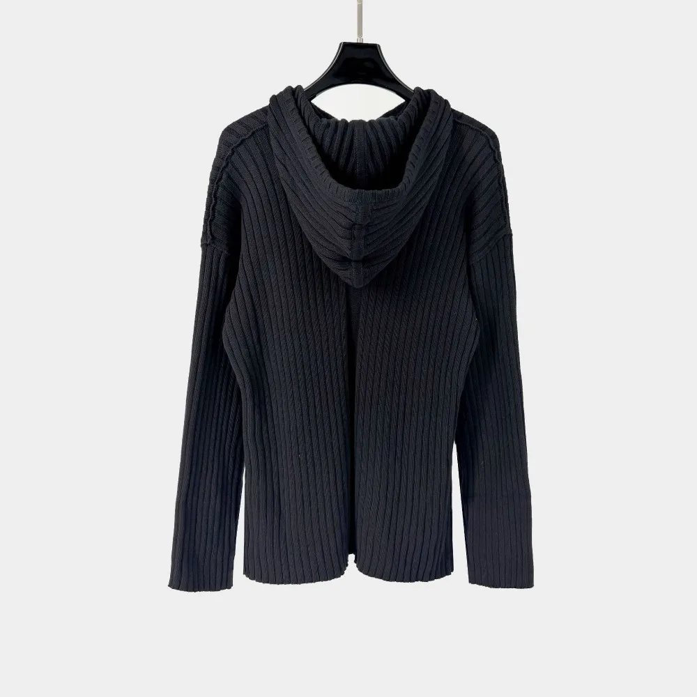 High Street Hooded Sweater Cardigan Jacket Men's Black Pioneer Ribbed Knitted Hooded Sweater Zipper Cardigan Slim Fit Coat