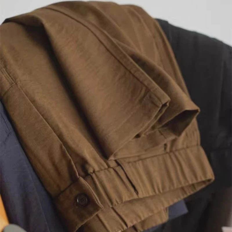 

2025 Summer Lightweight Texture Imitation Linen Cotton Pleated Suit Pants for Men, Navy Semi-Elastic Waist Men's Casual Trousers