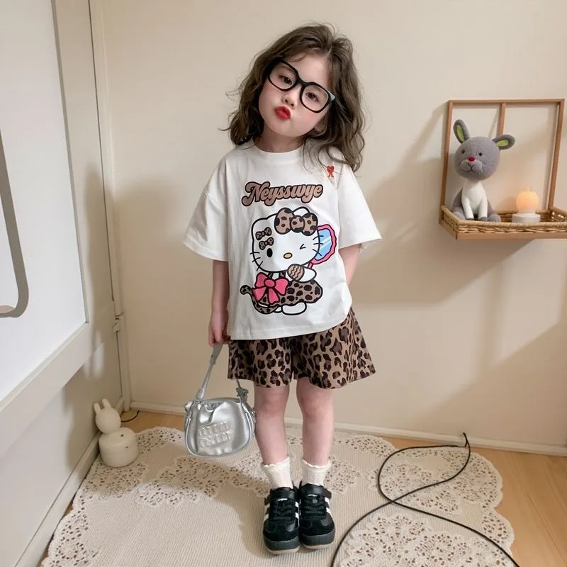Hello Kitty Anime Kawaii Sanrio Ins Fashion Cotton Short-sleeved Shirt 2025 Summer New Cute Children Fashionable Top Clothes Toy