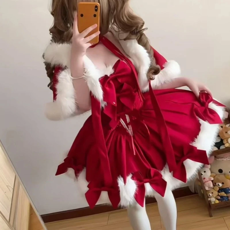 

Japanese Sweet Lolita Style Dress Sets Women Cute Plush Shawl Short Hooded Cloak Bow Mini Skirt Kawaii Red Christmas Lolita Suit