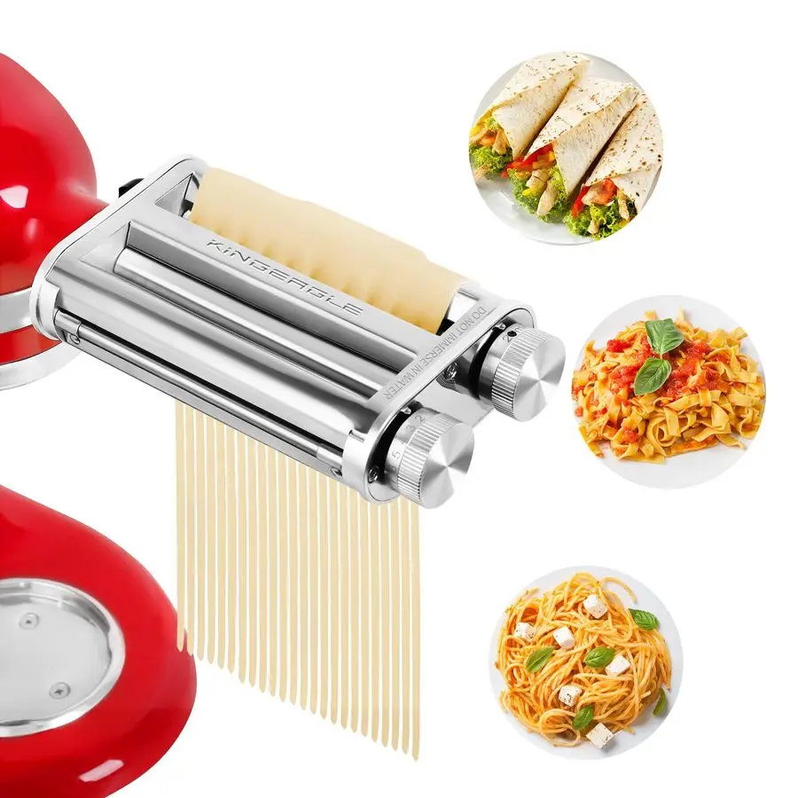 

Maker Attachment for KitchenAid Stand Mixer, 3in1 Stainless Steel Pasta Roller with Spaghetti amp Fettuccine Cutter, 8 Thicknes
