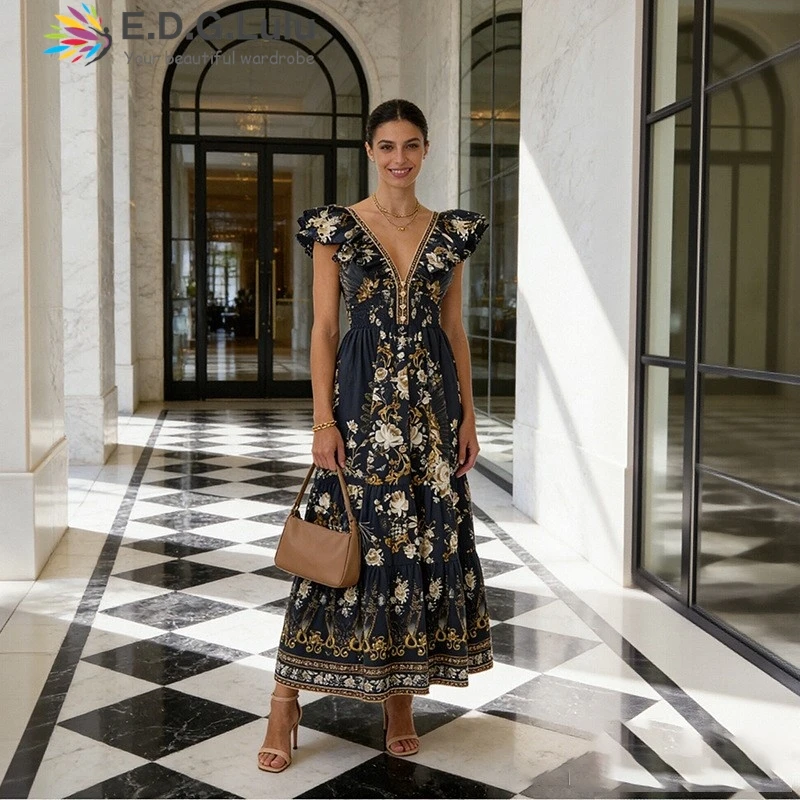 

EDGLuLu Elegant Vintage Floral Print Tiered Maxi Dress 2026 Women's V Neck Smocked Waist Bohemian Holiday Long Dress 0404