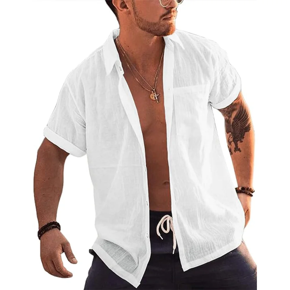 Mens Short Sleeve Button Up Shirts Linen Cotton Beach Tops Turn Down Collar Summer T Shirt with Pocket